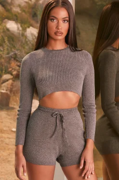 Oh Polly Women'S Clothing Sale - $65 And Under | Women'S Clothing Sale - $40 And Under^Trend Setter Tie Front Ribbed Knit Mini Shorts in Black Marl