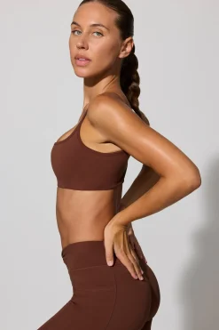 Oh Polly Matching Sets | Sports Bras^Twist Back Scoop Neck Sports Bra in Chocolate