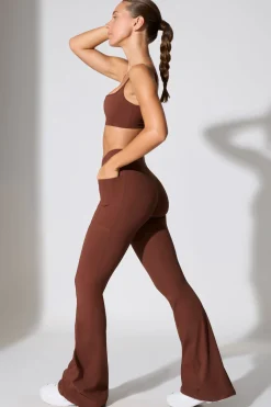 Oh Polly Matching Sets | Leggings^Twist Waist Flare Leggings in Chocolate