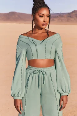 Oh Polly Women'S Clothing Sale - $65 And Under | Women'S Clothing Sale - $40 And Under^Uncovered Exposed Seam Bardot Crop Top in Blue