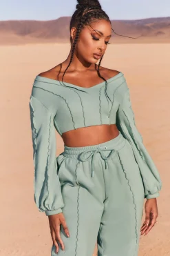 Oh Polly Women'S Clothing Sale - $65 And Under | Women'S Clothing Sale - $40 And Under^Uncovered Exposed Seam Bardot Crop Top in Blue