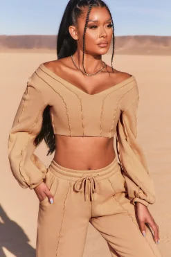 Oh Polly Women'S Clothing Sale - $65 And Under | Women'S Clothing Sale - $40 And Under^Uncovered Exposed Seam Bardot Crop Top in Beige