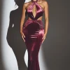 Oh Polly Holiday Party Dresses & Outfits^Velvet Halter Neck Maxi Dress in Wine