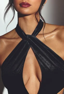 Oh Polly Holiday Party Dresses & Outfits^Velvet Halter Neck Maxi Dress in Jet Black JetBlack