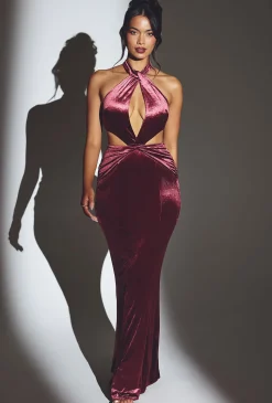 Oh Polly Holiday Party Dresses & Outfits^Velvet Halter Neck Maxi Dress in Wine