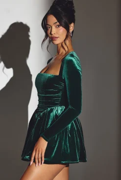 Oh Polly Holiday Party Dresses & Outfits^Velvet Long Sleeve Corset Mini Dress in Emerald Green EmeraldGreen
