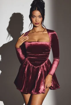 Oh Polly Party Dresses | Holiday Party Dresses & Outfits^Velvet Long Sleeve Corset Mini Dress in Wine