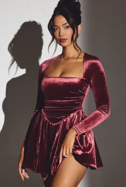 Oh Polly Party Dresses | Holiday Party Dresses & Outfits^Velvet Long Sleeve Corset Mini Dress in Wine