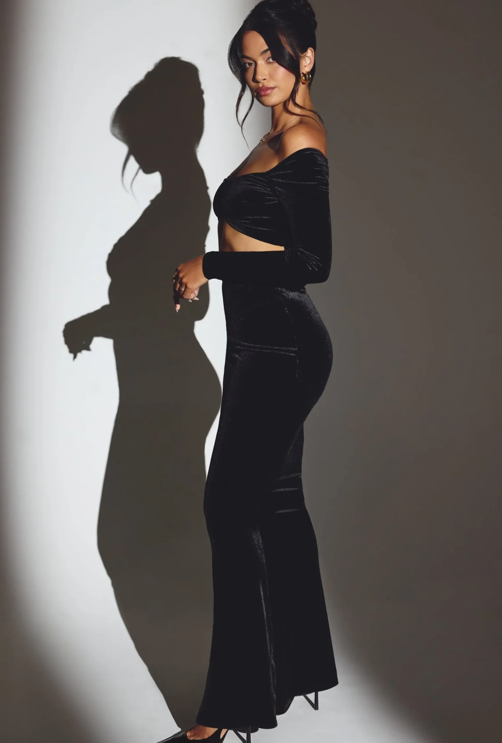 Oh Polly Co-Ords | Tops^Velvet Off The Shoulder Ruched Crop Top in Jet Black JetBlack