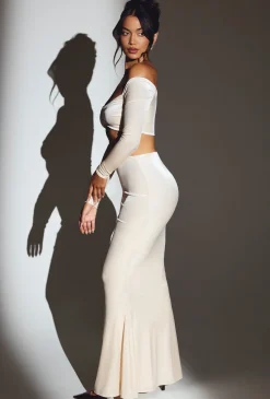 Oh Polly Co-Ords | Tops^Velvet Off The Shoulder Ruched Crop Top in Ivory