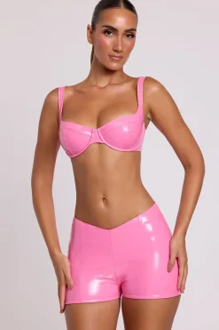 Oh Polly Bottoms^Vinyl Angled Waist Mini Shorts in Pink
