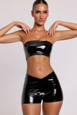 Oh Polly Bottoms | Co-Ords^Vinyl Angled Waist Mini Shorts in Black