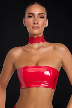 Oh Polly Co-Ords | Tops^Vinyl Bandeau Bralette in Fire Red FireRed
