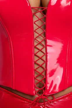 Oh Polly Tops^Vinyl Halter Neck Lace Up Corset Crop Top in Fire Red FireRed