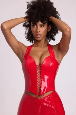 Oh Polly Tops^Vinyl Halter Neck Lace Up Corset Crop Top in Fire Red FireRed