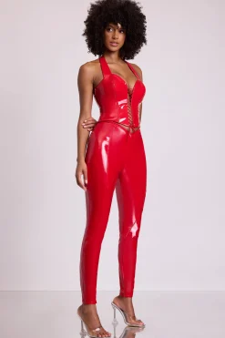 Oh Polly Bottoms^Vinyl High V-Waist Leggings in Fire Red FireRed