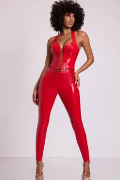Oh Polly Bottoms^Vinyl High V-Waist Leggings in Fire Red FireRed