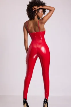 Oh Polly Jumpsuits & Unitards^Vinyl Plunge Neck Catsuit in Fire Red