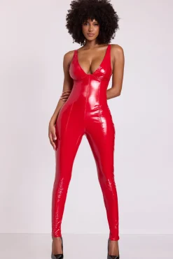 Oh Polly Jumpsuits & Unitards^Vinyl Plunge Neck Catsuit in Fire Red