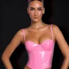 Oh Polly Tops^Vinyl Underwired Corset Crop Top in Pink