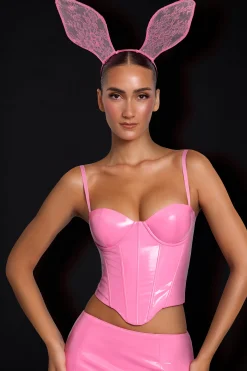 Oh Polly Tops^Vinyl Underwired Corset Crop Top in Pink