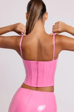 Oh Polly Tops^Vinyl Underwired Corset Crop Top in Pink