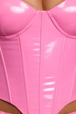 Oh Polly Tops^Vinyl Underwired Corset Crop Top in Pink