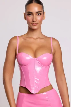 Oh Polly Tops^Vinyl Underwired Corset Crop Top in Pink