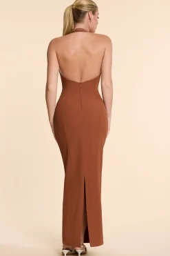 Oh Polly Women'S Clothing Sale - $65 And Under^Woven Twill Halter Neck Plunge Maxi Dress in Chestnut Brown ChestnutBrown